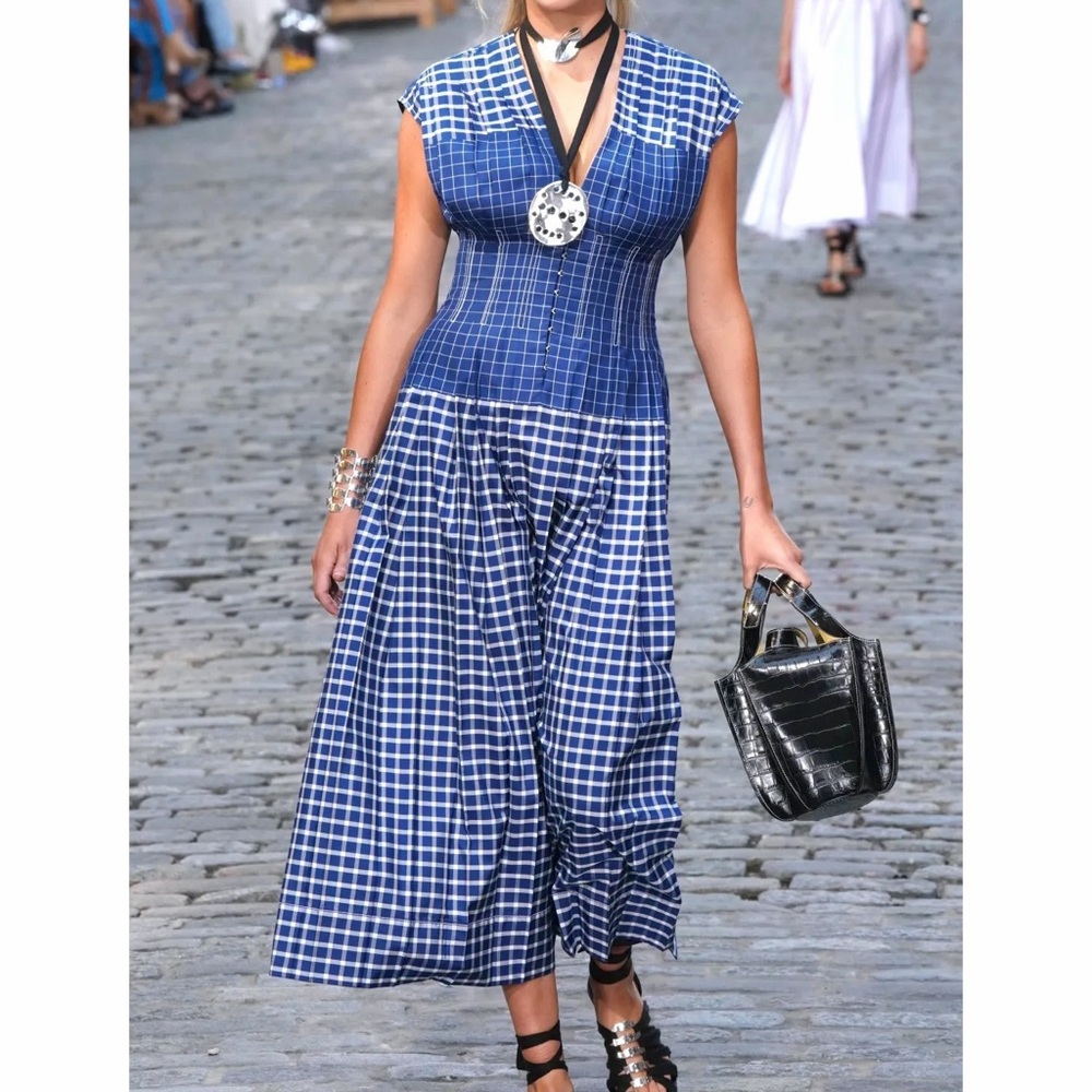 Tory Burch Claire McCardell Silk Shantung Midi Dress Blue Picnic Plaid Check 4